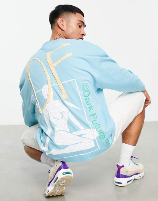 ASOS Dark Future – Morski T-shirt oversize z długimi rękawami i grafiką z logo na plecach
