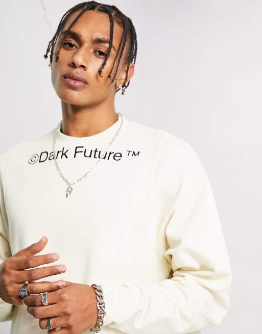 ASOS Dark Future – Naturvit sweatshirt i oversize med logga vid halsen och råskurna kanter