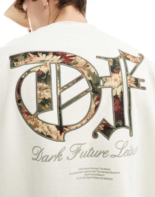 ASOS Dark Future – Naturvit t-shirt i oversize med blommig, broderad text baktill, 2 av 4