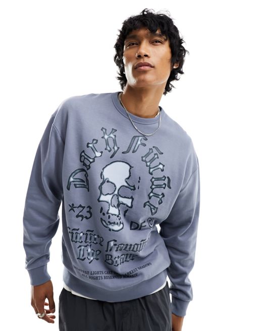 FhyzicsShops Dark Future – Oversize-Sweatshirt in Grau mit Totenkopf-Print
