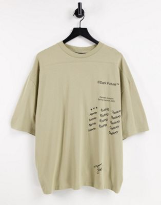 ASOS – Dark Future – Oversize T-Shirt aus schwerem Jersey in neutralem Farbton mit mehreren Prints