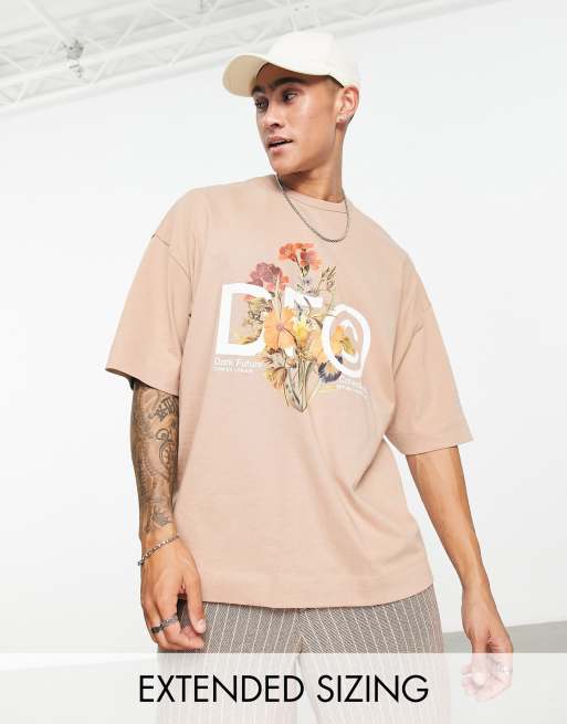 ASOS – Dark Future – Oversize-T-Shirt in Beige aus schwerem Jersey mit Blumen-Grafik und Logoprint