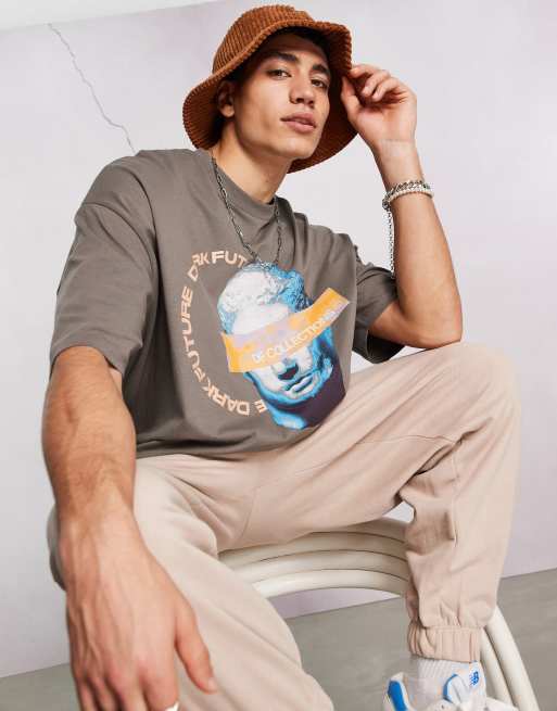 ASOS – Dark Future – Oversize-T-Shirt in Grau mit Grafikprint auf der Vorderseite und Logo