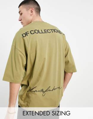 ASOS Dark Future – Oversize T-Shirt in Khaki mit Grafikprints auf dem Rücken