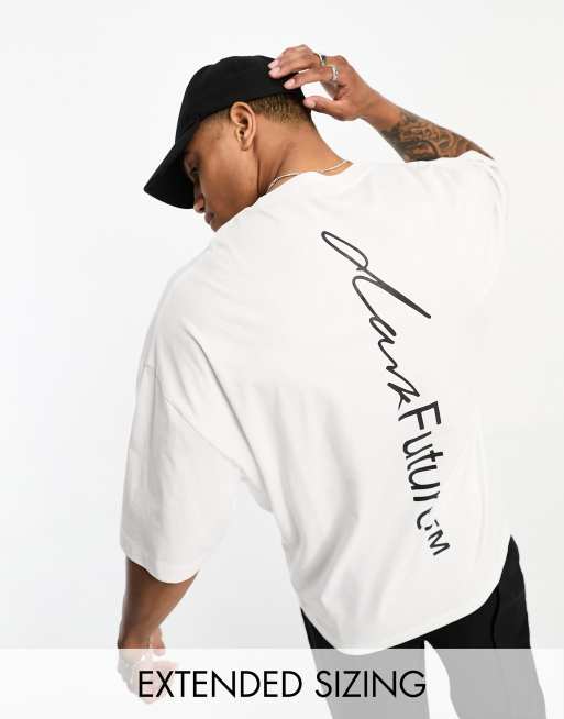 ASOS – Dark Future – Oversize-T-Shirt in Weiß mit Logoprint entlang der Wirbelsäule