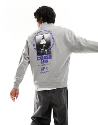 ASOS DARK FUTURE oversized half zip sweatshirt in grey marl with back photographic print