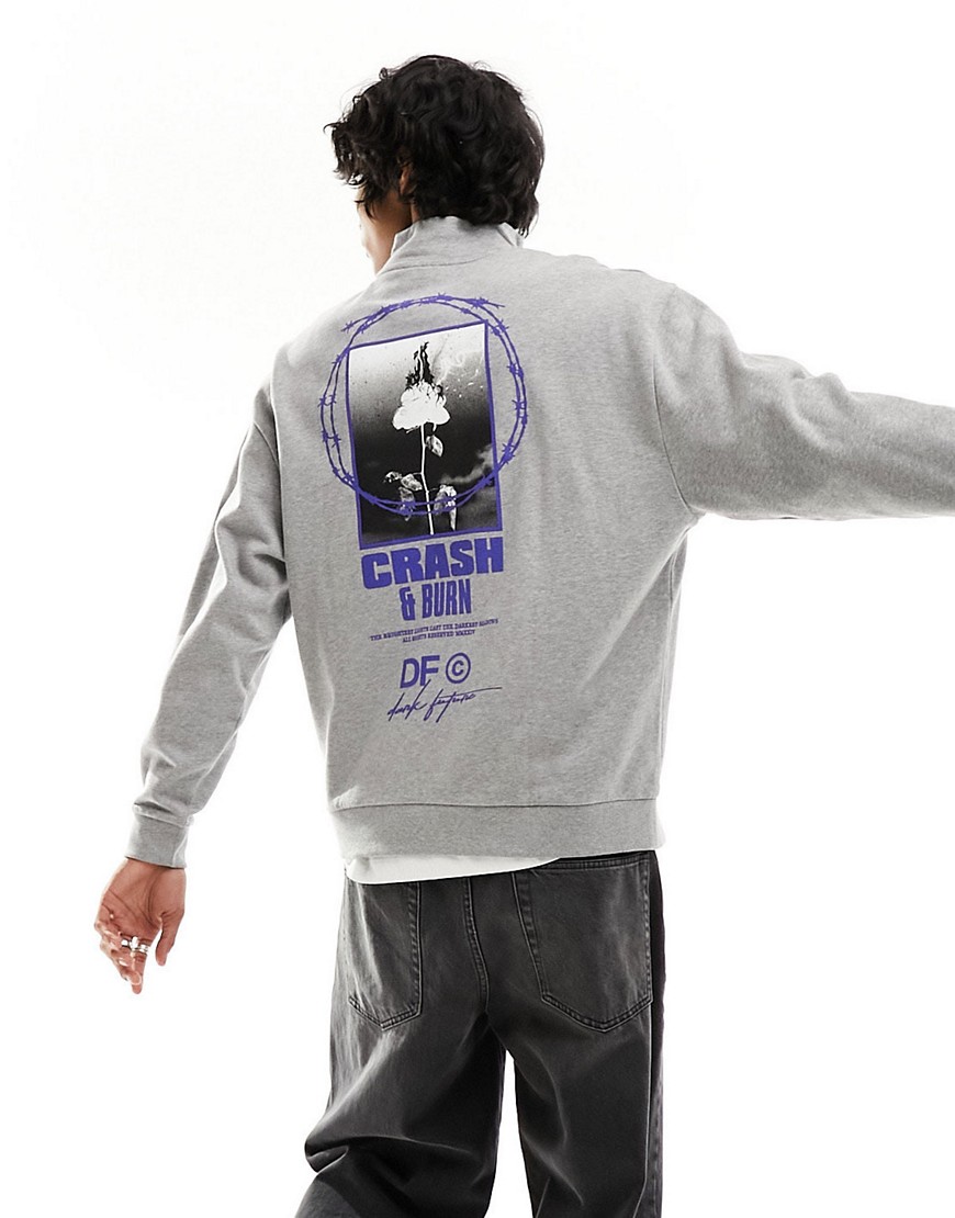 ASOS DARK FUTURE oversized half zip sweatshirt in grey marl with back photographic print