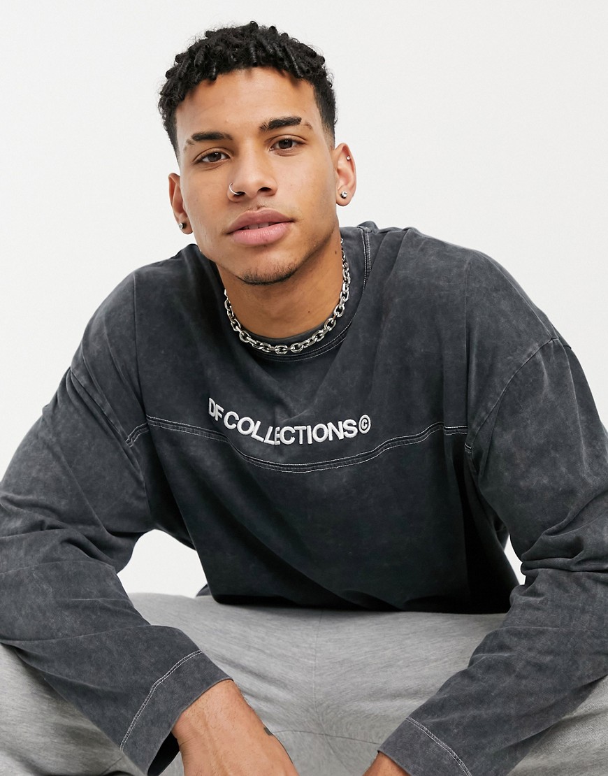 ASOS Dark Future oversized heavyweight long sleeve t-shirt with contrast stitching and logo embroidery in washed black