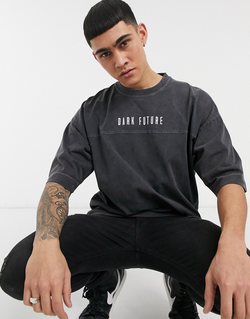 ASOS Dark Future oversized heavyweight t-shirt with contrast stitching and Dark Future logo embroidery in acid-Black