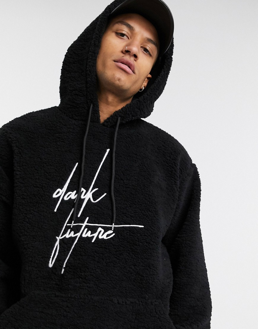 ASOS Dark Future oversized hoodie in black teddy borg with embroidery logo