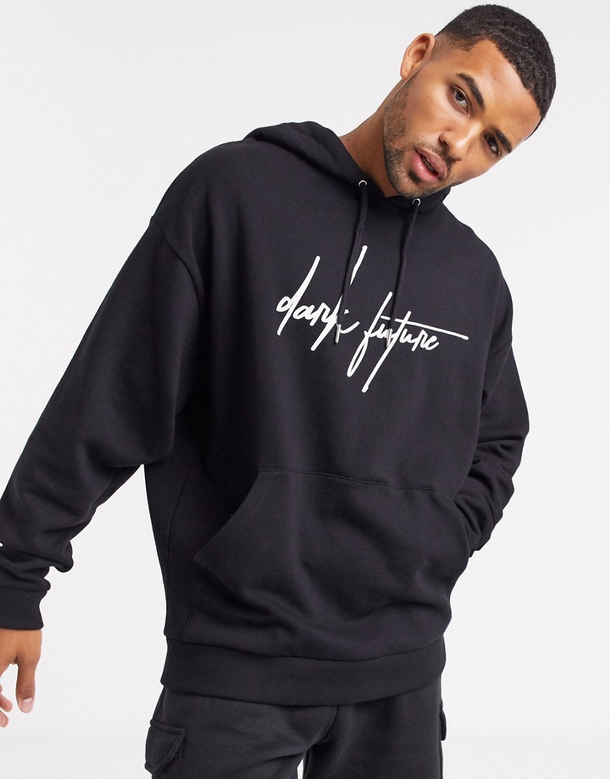 ASOS Dark Future oversized hoodie in black with front logo