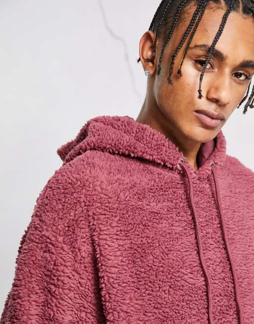 ASOS Dark Future oversized hoodie in burgundy teddy borg with back embroidery , 4 of 4