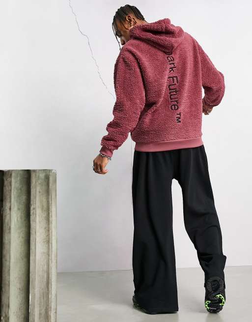 ASOS Dark Future oversized hoodie in burgundy teddy fleece with back embroidery , 2 of 4