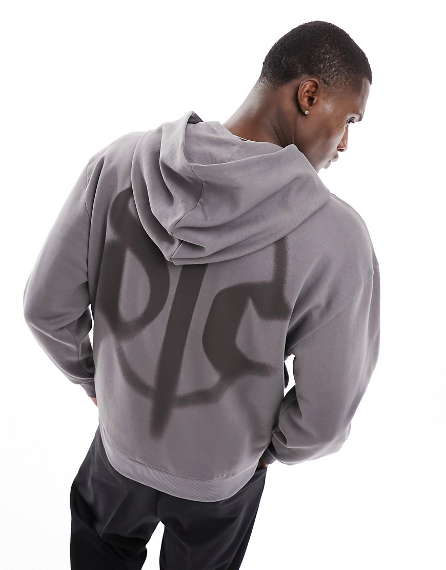 oversized hoodie in charcoal gray with graffiti back print