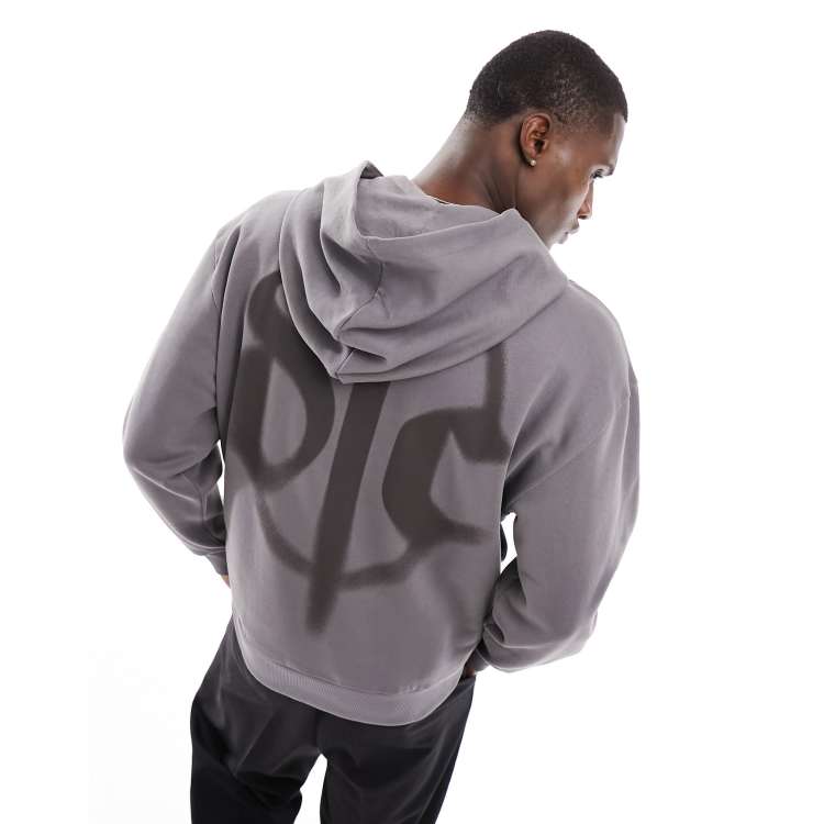 ASOS Dark Future oversized hoodie in charcoal gray with graffiti back print