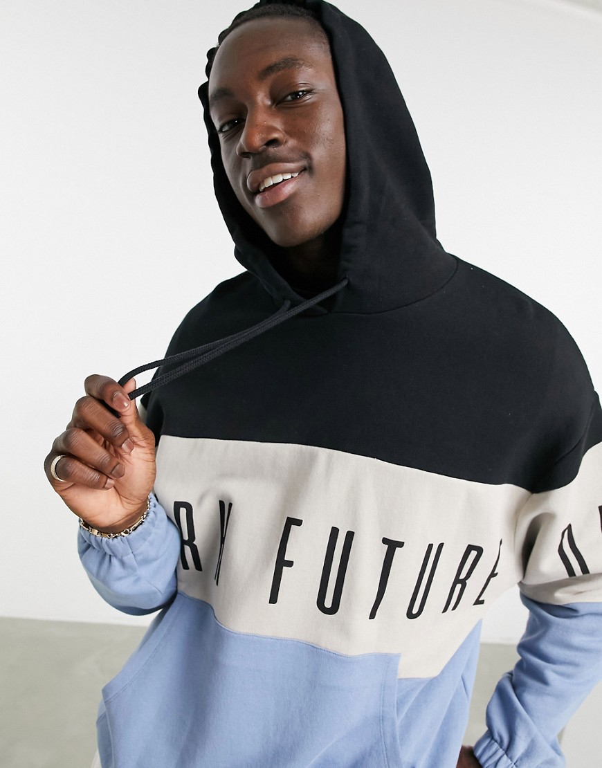ASOS Dark Future oversized hoodie in cut and sew block stripe with embroidery in blue-Blues
