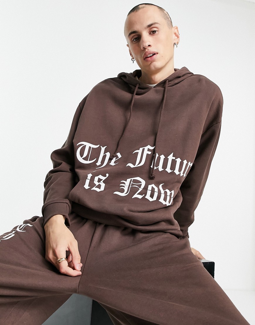 ASOS Dark Future oversized hoodie in dark brown with gothic text print - part of a set