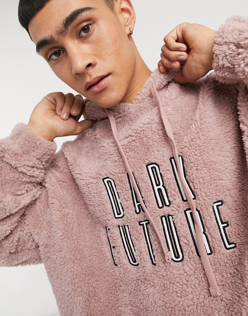 ASOS Dark Future oversized hoodie in dusky pink borg with chest embroidery