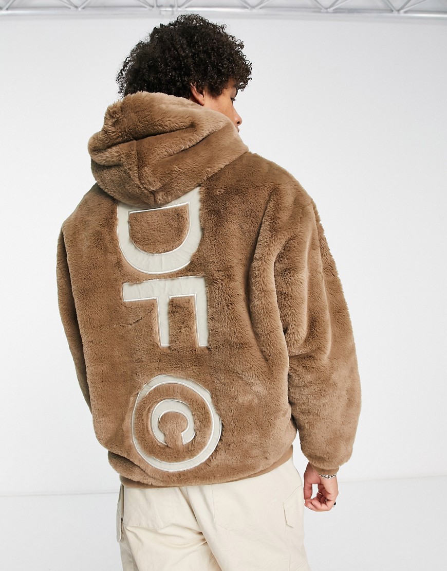 ASOS Dark Future oversized hoodie in faux fur with logo embroidery in light brown