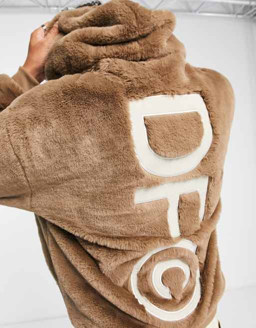 ASOS Dark Future oversized hoodie in faux fur with logo embroidery 