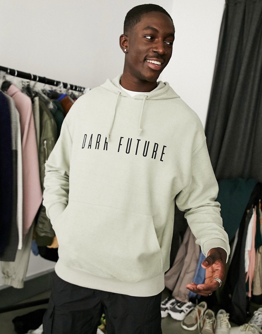 ASOS Dark Future oversized hoodie in gray with front logo-Green