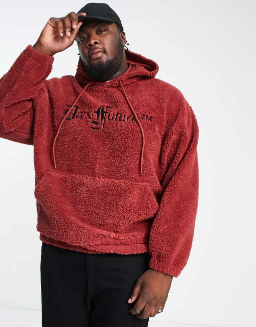 ASOS Dark Future oversized hoodie in teddy borg with gothic logo spine in embroidery in dark red ASOS