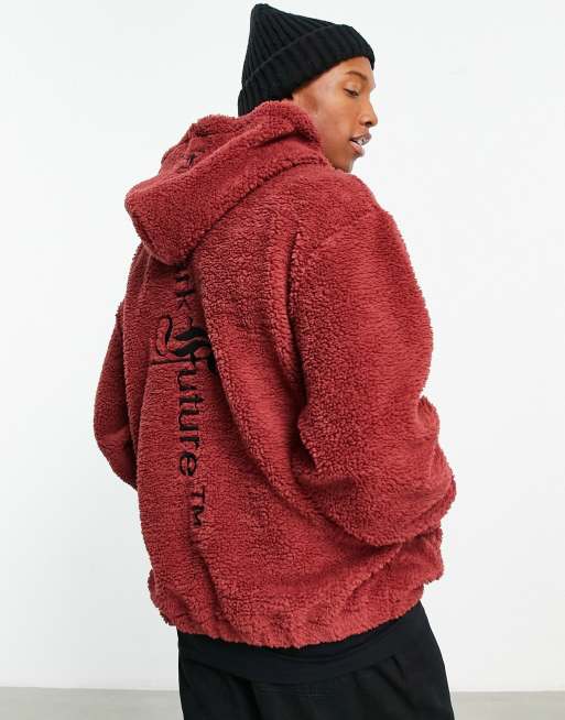 ASOS Dark Future oversized hoodie in teddy borg with gothic logo spine in  embroidery in dark red