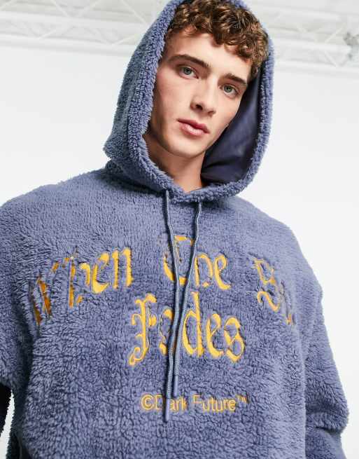 ASOS Dark Future oversized hoodie in teddy borg with gothic slogan embroidery in slate blue