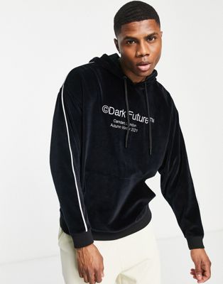 ASOS Dark Future oversized hoodie in velour with arm piping and logo print in black