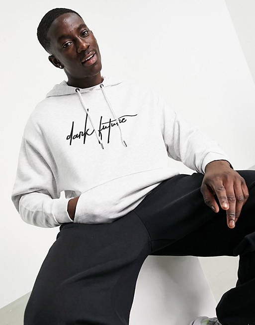 ASOS Dark Future oversized hoodie in white marl with logo print