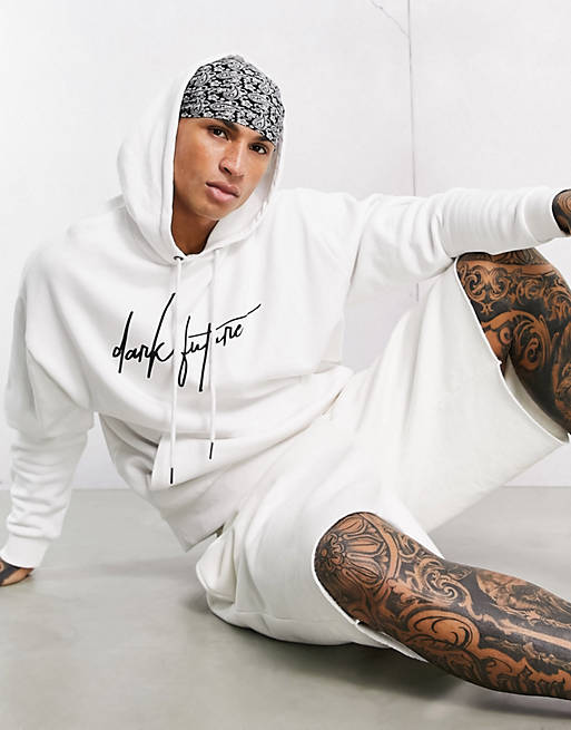 ASOS Dark Future oversized hoodie in white with logo print