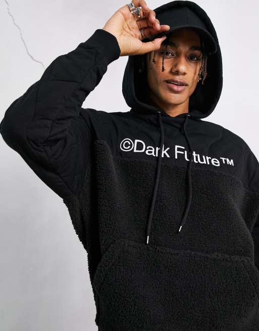 ASOS Dark Future - Oversized hoodie in zwart met cut & sew vlakken van teddy borg en doorgestikt detail 