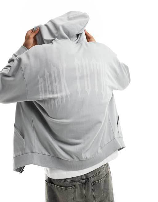 ASOS Dark Future - Oversized hoodie met ritssluiting in grijs met print