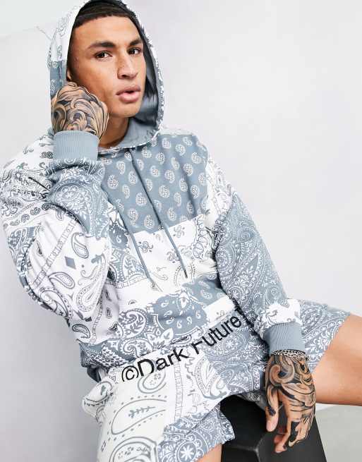 ASOS Dark Future oversized hoodie with all over paisley print in blue