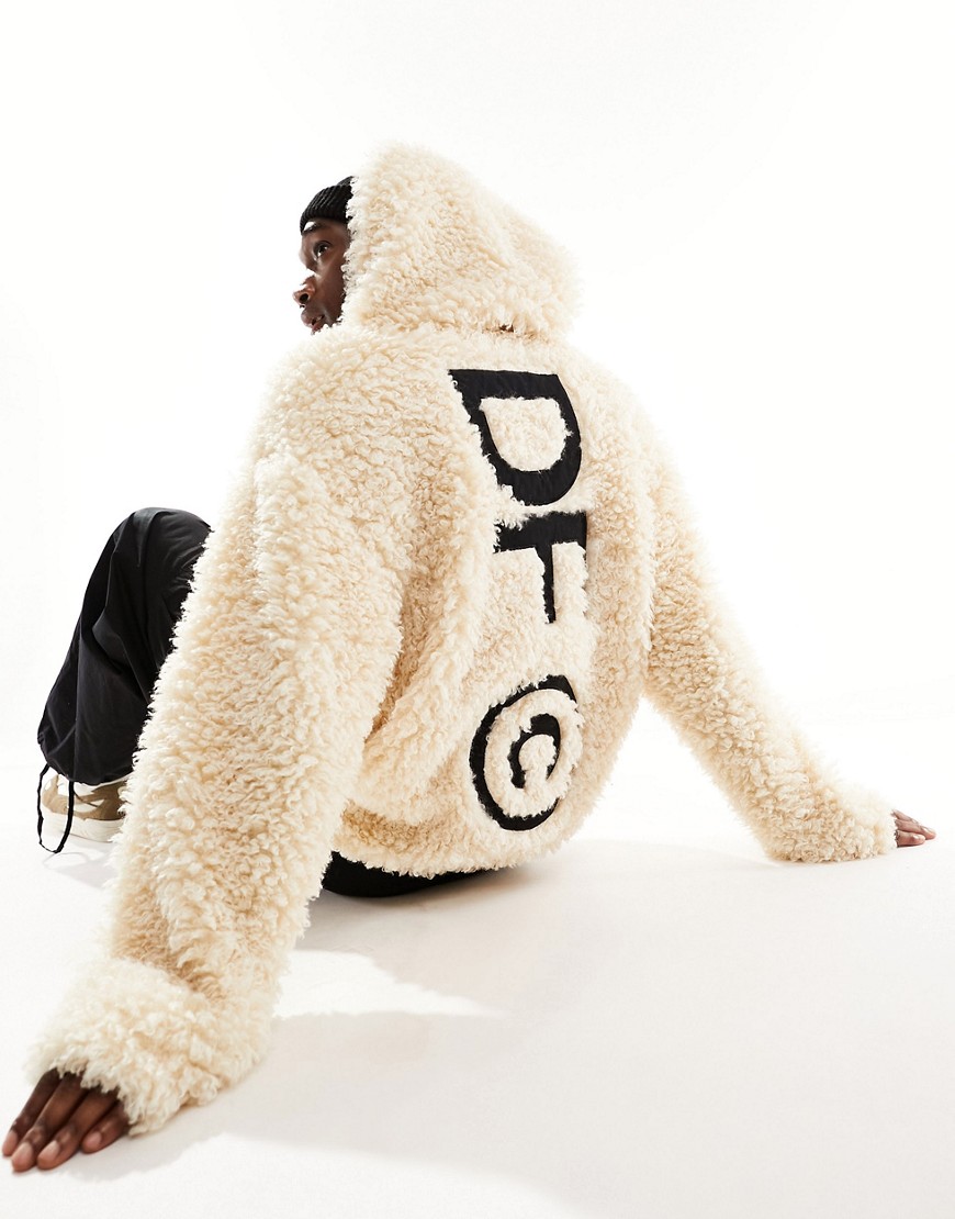 ASOS DARK FUTURE oversized hoodie with back print in off white shaggy faux fur-Neutral