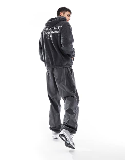 ASOS Dark Future oversized hoodie with front & back embroidery in gray borg, 2 of 4