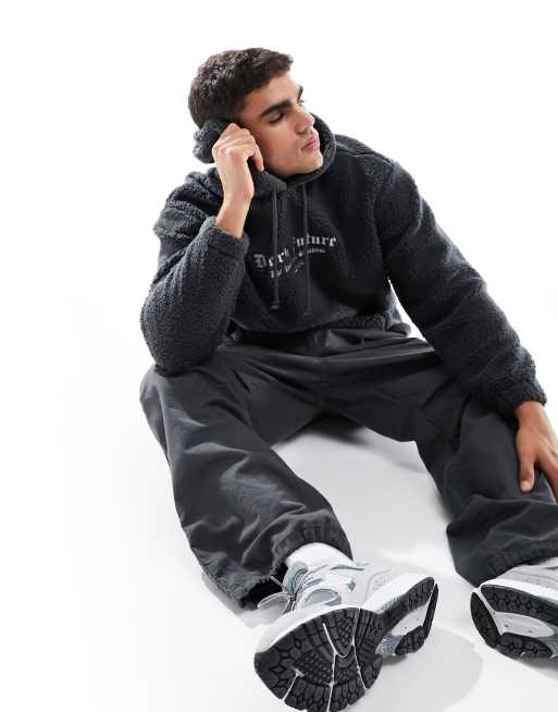 ASOS Dark Future oversized hoodie with front & back embroidery in grey borg, 3 of 4