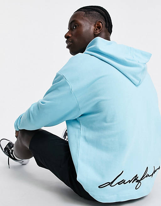 ASOS Dark Future oversized hoodie with quarter zip and multi logo embroidery in blue