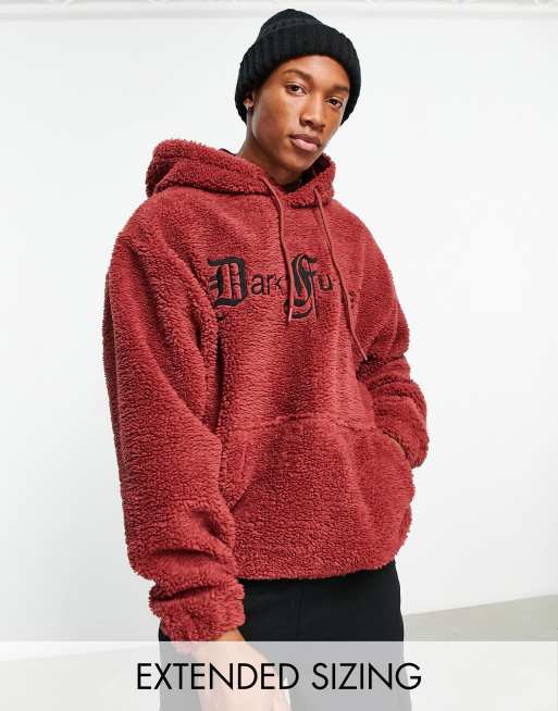 ASOS Dark Future - Oversized hættetrøje med gotisk logobroderi på rygsøjlen i mørkerødt, imiteret lammeskind