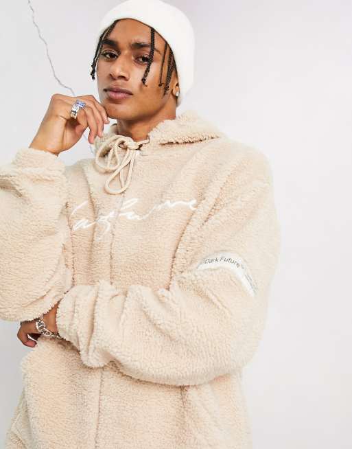 ASOS Dark Future - Oversized jack van teddy borg met capuchon en geborduurd logo in neutraal