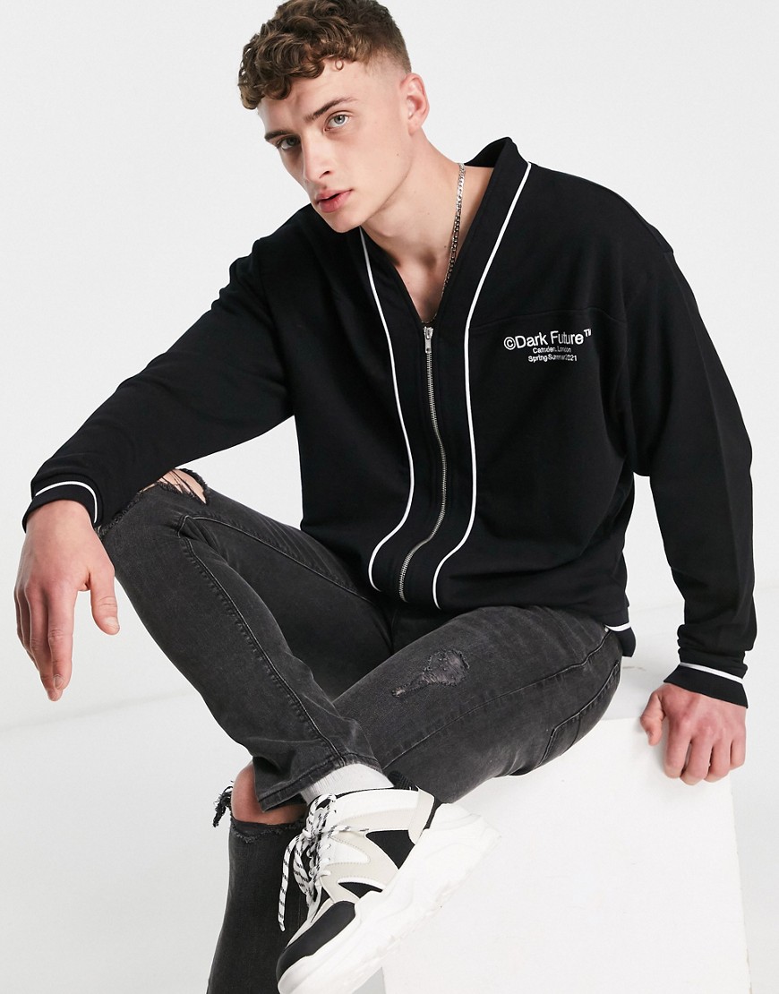ASOS Dark Future oversized jersey baseball jacket with piping and logo prints in black
