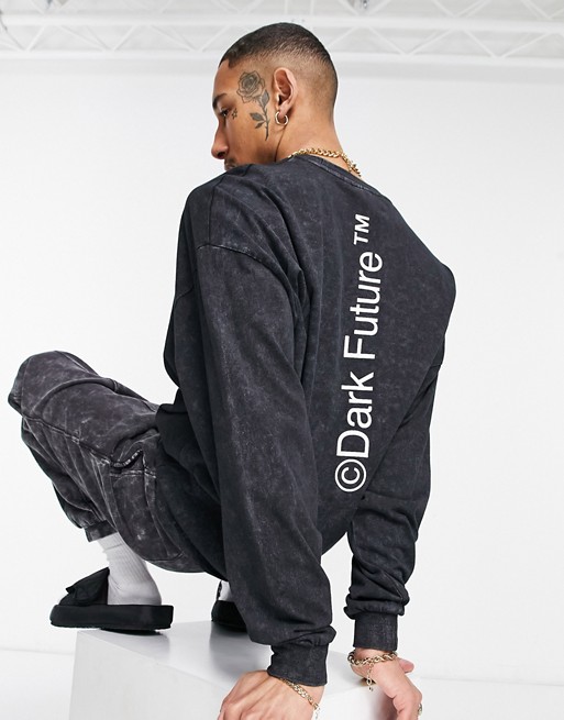 ASOS Dark Future oversized long sleeve t-shirt in charcoal wash with back logo