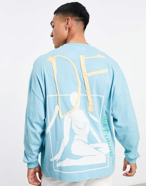ASOS Dark Future oversized long sleeve t-shirt with back logo and graphic print in aqua blue, 4 of 4