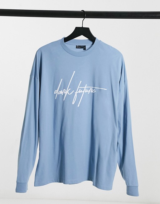 ASOS Dark Future oversized long sleeve t-shirt with script logo in soft blue