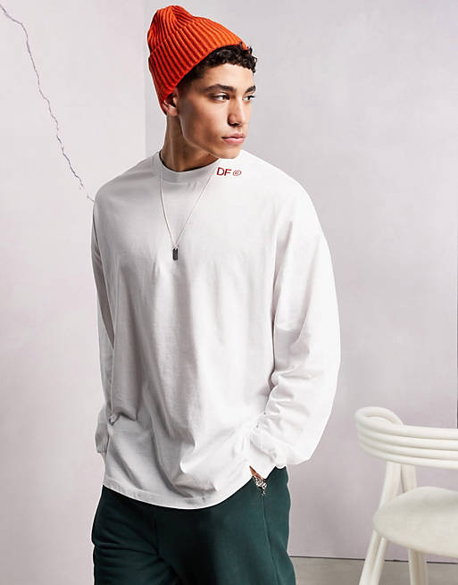 Men Future oversized long sleeve t-shirt with telephone graphic back print and logo in white 