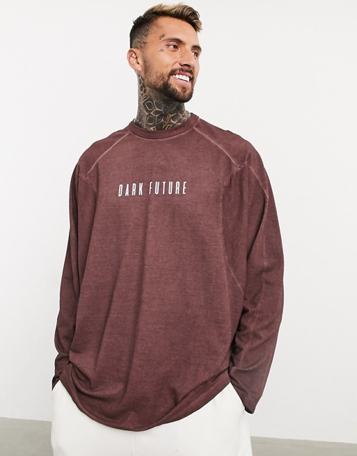 ASOS Dark Future oversized long sleeve tshirt with piping detail & text print in washed pique
