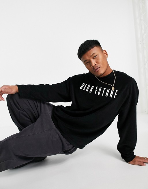 ASOS Dark Future oversized longline t-shirt with logo embroidery in black towelling