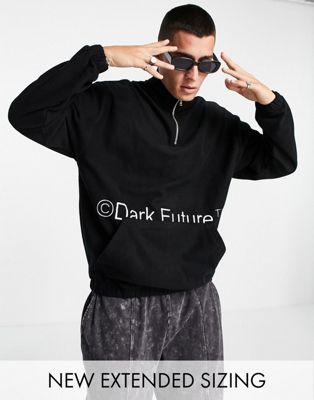 ASOS Dark Future oversized polar fleece sweatshirt with half zip with embroidery in black - ASOS Price Checker