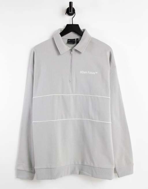 ASOS Dark Future - Oversized poloshirt met lange mouwen in grijs met logo op de borst