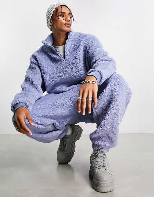 ASOS Dark Future oversized quarter-zip sweatshirt in borg with logo embroidery in blue (part of a set)